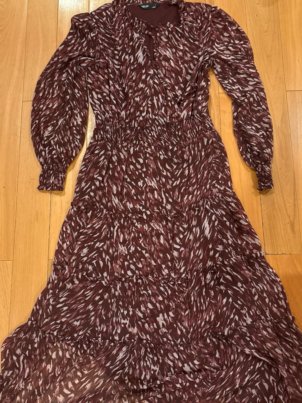 Long Sleeve Burgundy Printed Midi Dress